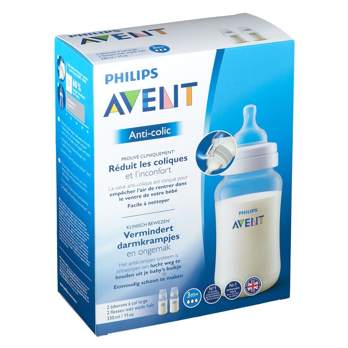 Verpakking Philips Avent Anti-koliek fles. Blauwe doos met productafbeelding en tekst. Bevat twee flessen.