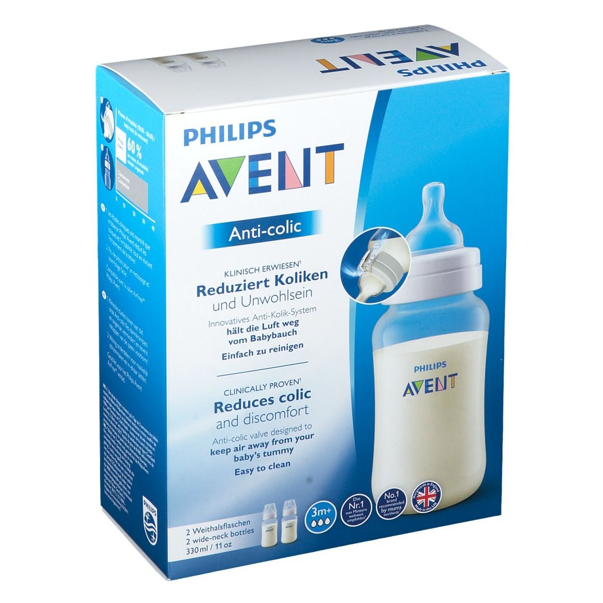 Verpakking Philips Avent Anti-koliek fles. Blauwe doos met productafbeelding en tekst. Bevat twee flessen.