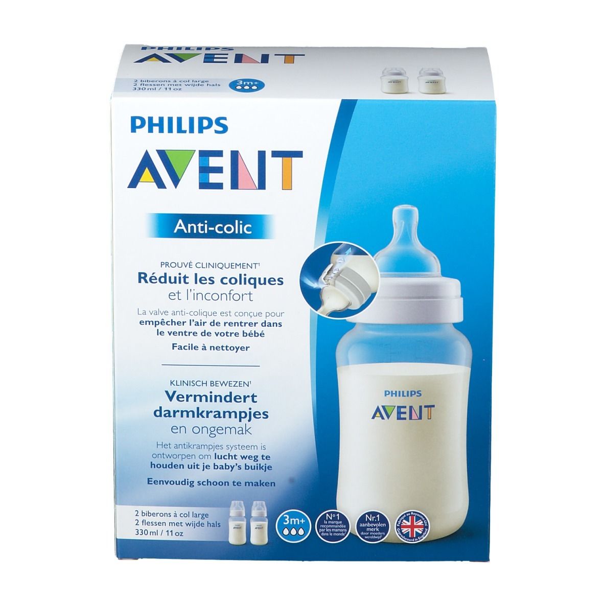 Verpakking Philips Avent Anti-koliek fles. Blauwe doos met productafbeelding en tekst. Bevat twee flessen.