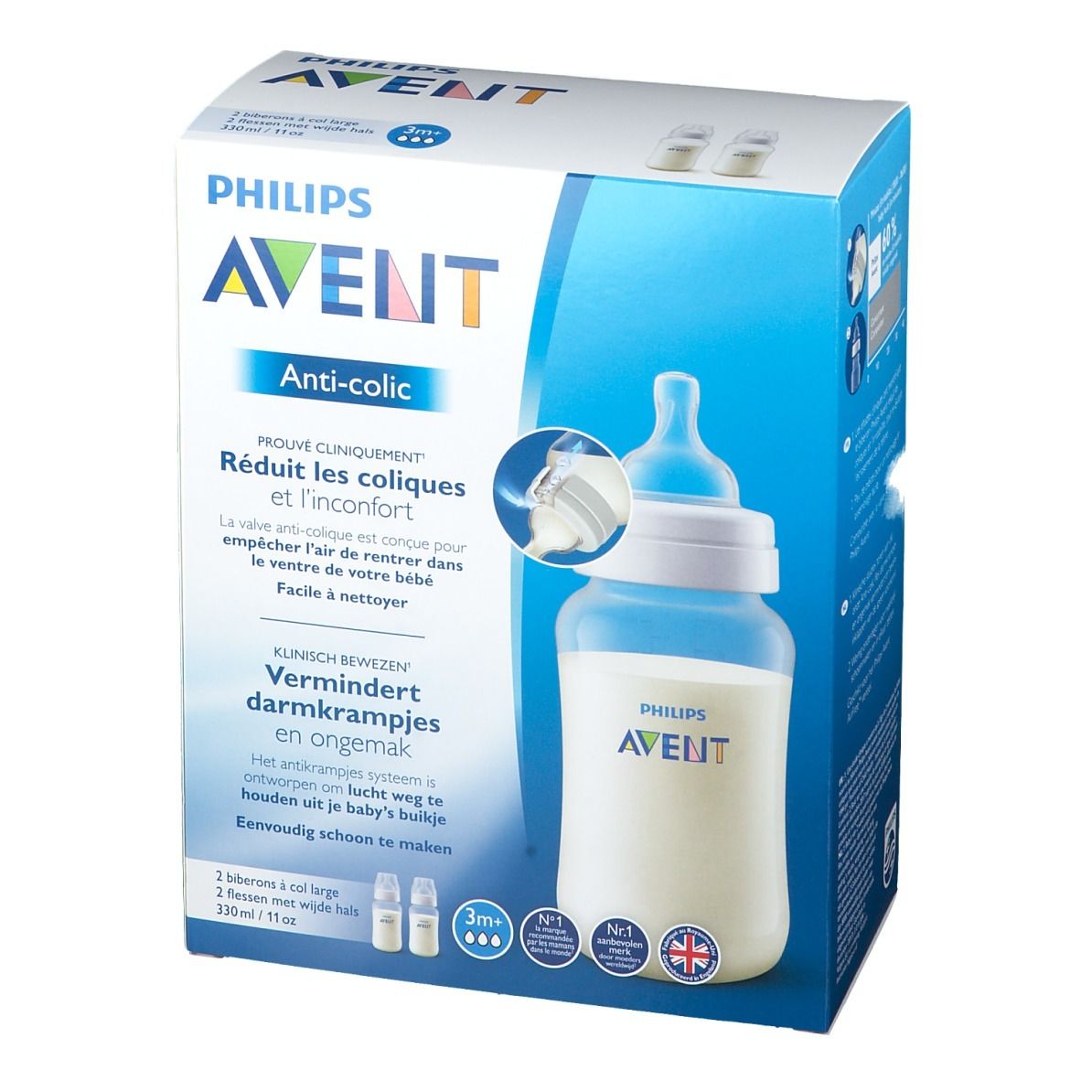 Verpakking Philips Avent Anti-koliek fles. Blauwe doos met productafbeelding en tekst. Bevat twee flessen.