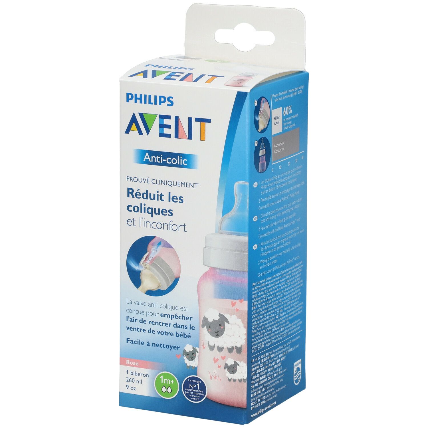 Biberon rose Philips Avent Anti-colique dans emballage. Réduit les coliques. 260 ml, 9 oz. Motif mouton.