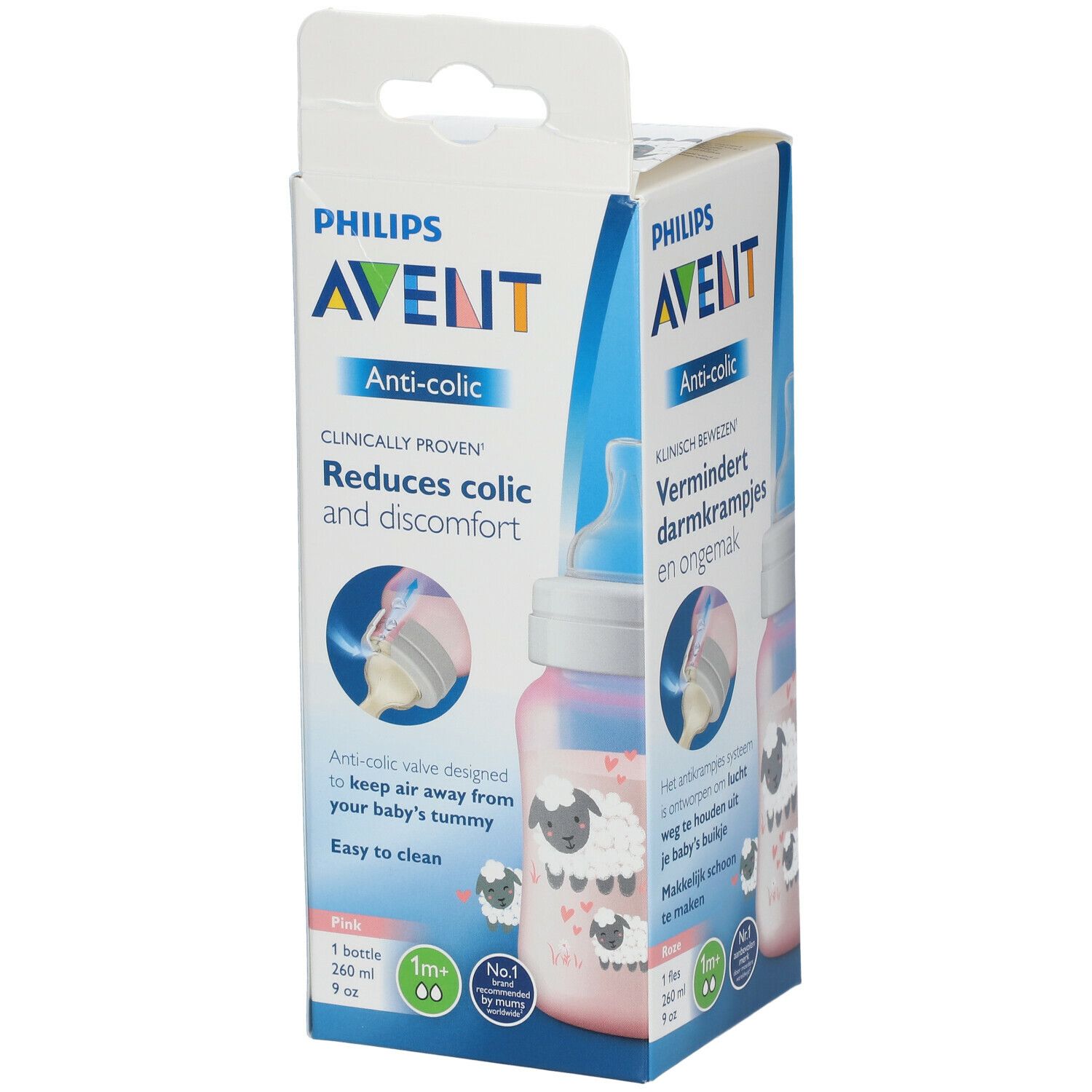 Emballage avec biberon Philips Avent Anti-colique. Réduit les coliques. Rose, 260 ml. Motif mouton.
