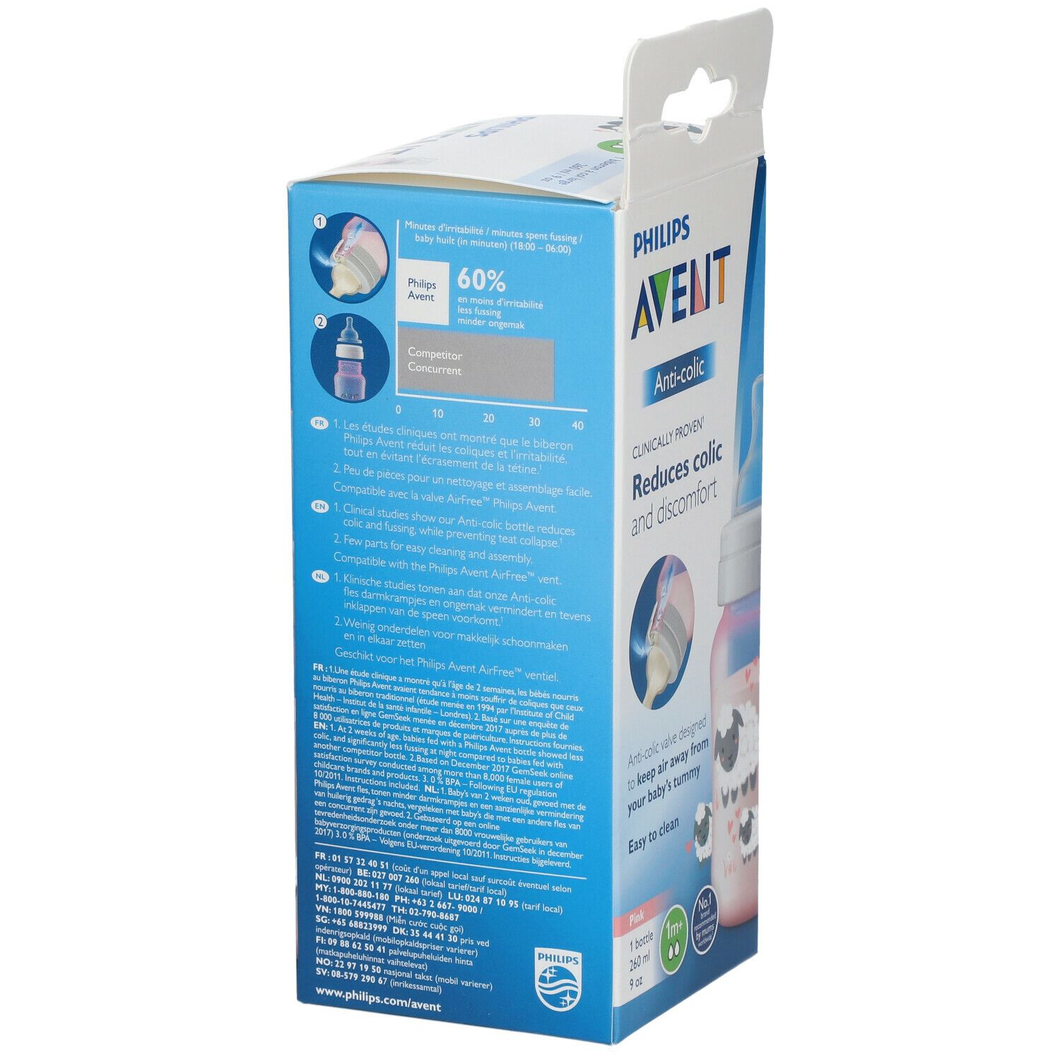 Emballage avec biberon Philips Avent Anti-colique. Réduit les coliques. Vue arrière avec informations.