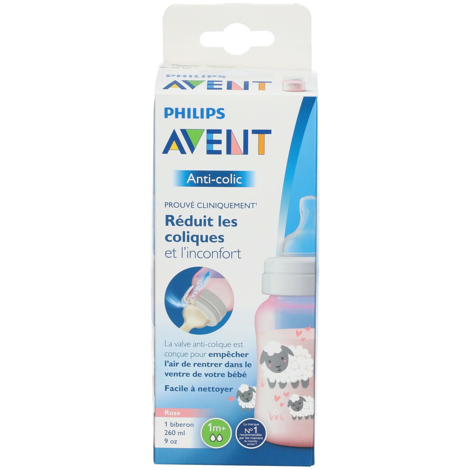 Biberon rose Philips Avent Anti-colique dans emballage. Réduit les coliques. 260 ml, 9 oz. Motif mouton.