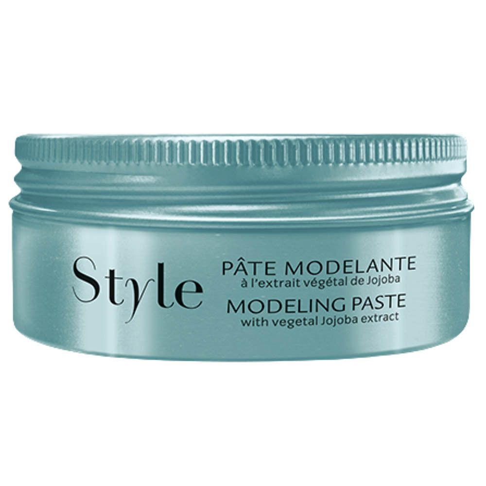 Lichtblauwe pot met zilverkleurig deksel, opschrift "Style" en "Modeling Paste".