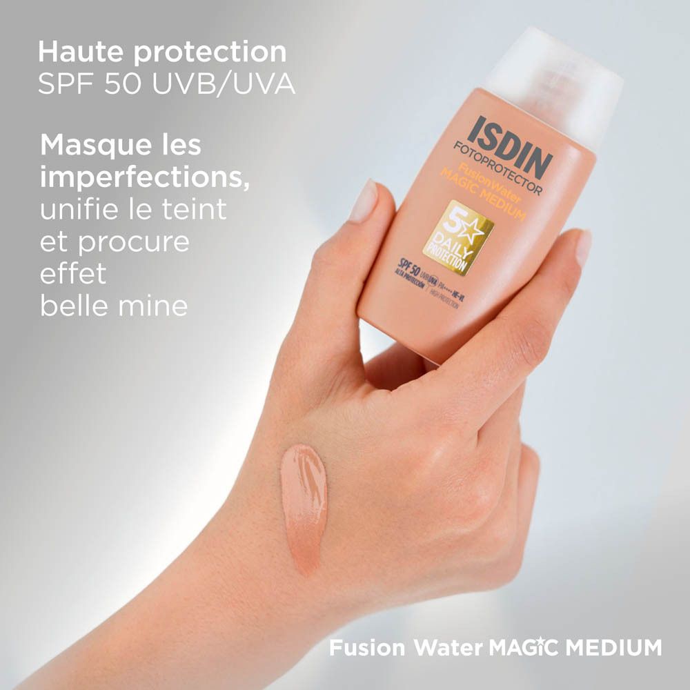 ISDIN Fotoprotector Fusion Water Color Medium et emballage. SPF 50. Protection 5 étoiles.