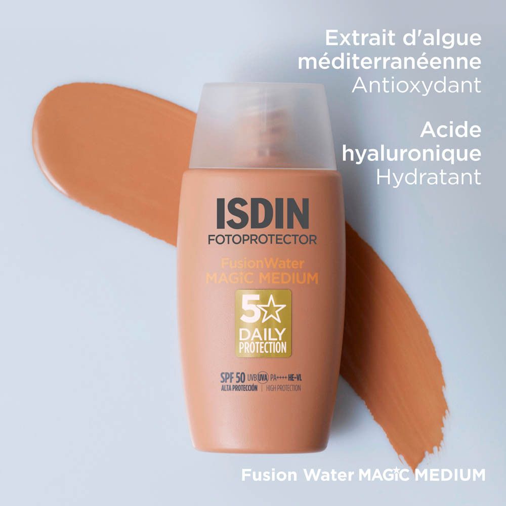 ISDIN Fotoprotector Fusion Water Color et emballage. Flacon de crème solaire teintée. 50ml.