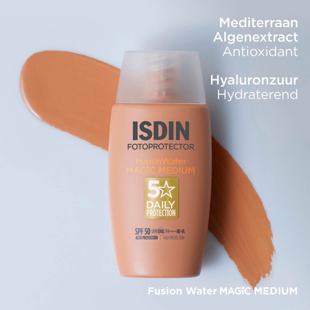 ISDIN Fotoprotector Fusion Water Color en verpakking. Getinte zonnebrandcrème fles. 50ml.