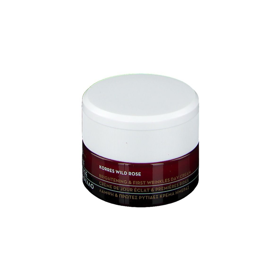 Korres Wild Rose dagcrème, pot met witte deksel en donkerrode band. Tekst: Brightening & First Wrinkles Day Cream.