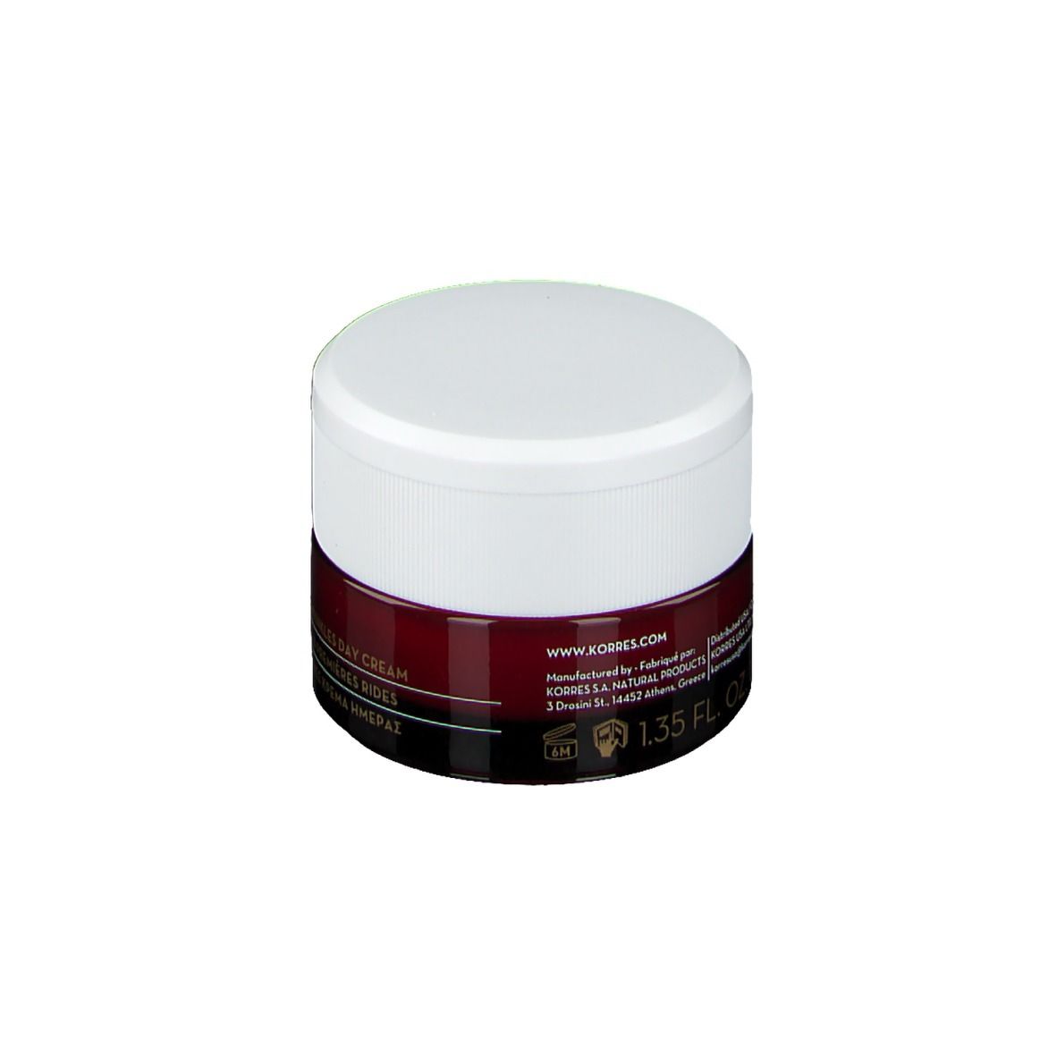Korres Wild Rose crème pot, witte deksel, donkerrode band. Tekst: www.korres.com, 1.35 FL OZ.