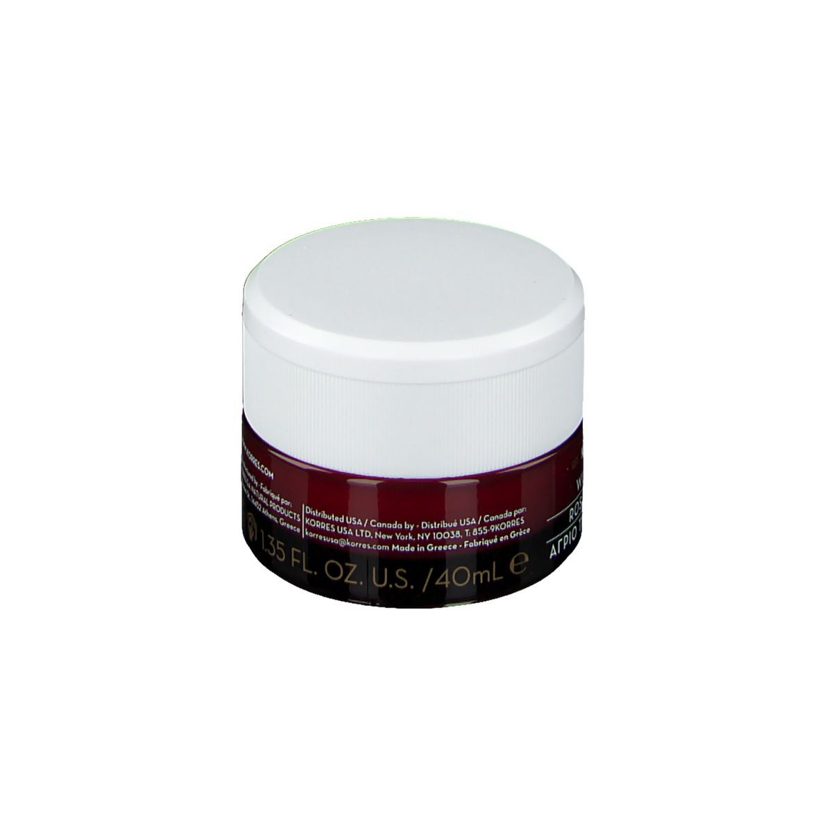 Korres Wild Rose crème pot, witte deksel, donkerrode band. Tekst: 1.35 FL. OZ. U.S. / 40ml e.
