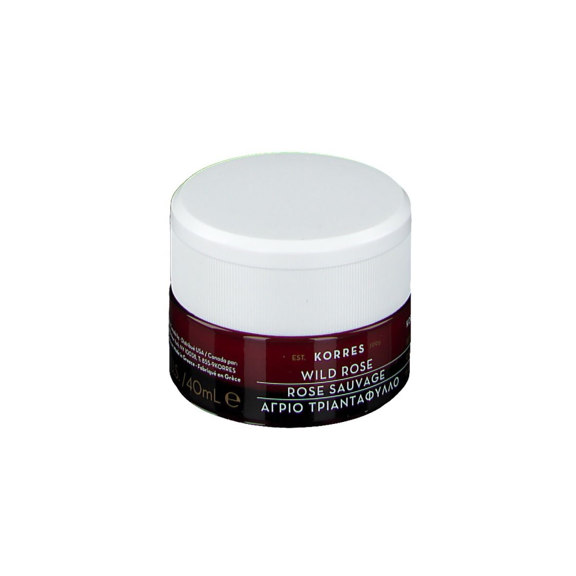 Korres Wild Rose crème pot, witte deksel, donkerrode band. Tekst: Wild Rose Rose Sauvage, 40ml e.