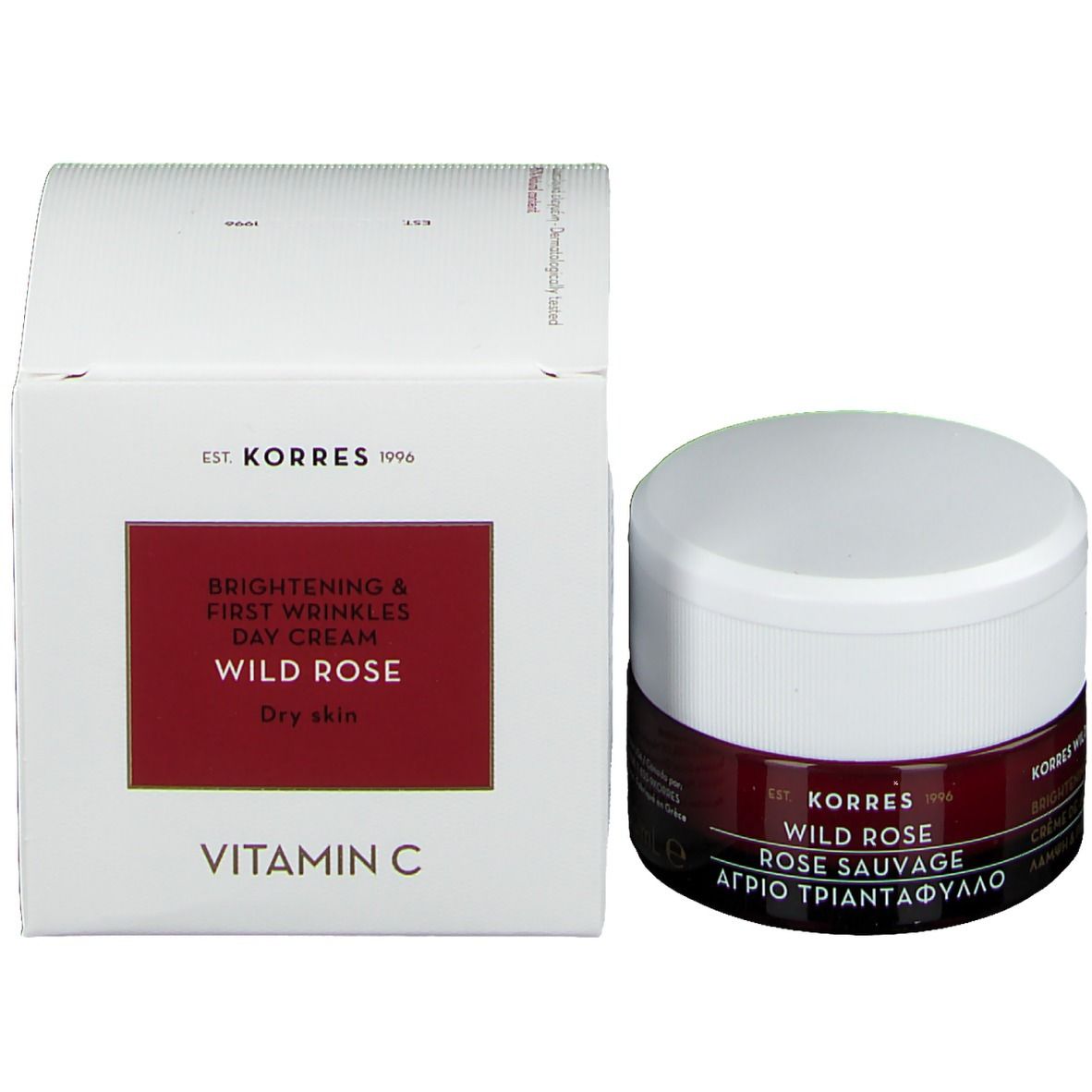 Korres Wild Rose crème pot en doos. Doos: Brightening & First Wrinkles Day Cream, Wild Rose, Dry skin, Vitamin C.
