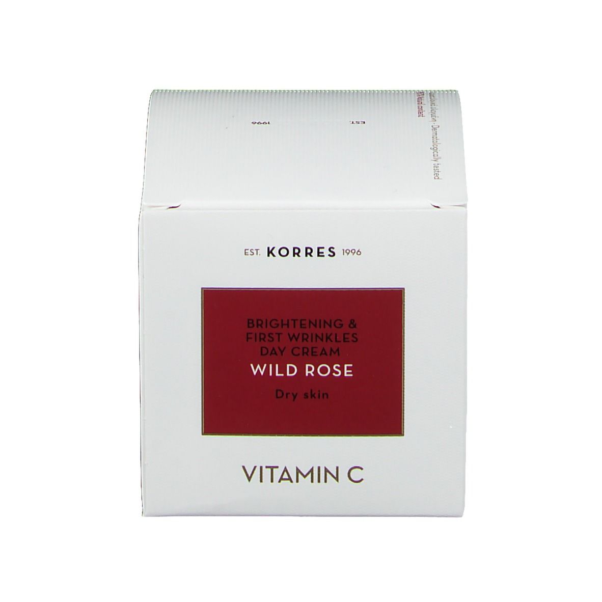 Doos voor Korres Wild Rose crème. Tekst: Brightening & First Wrinkles Day Cream, Wild Rose, Dry skin, Vitamin C.