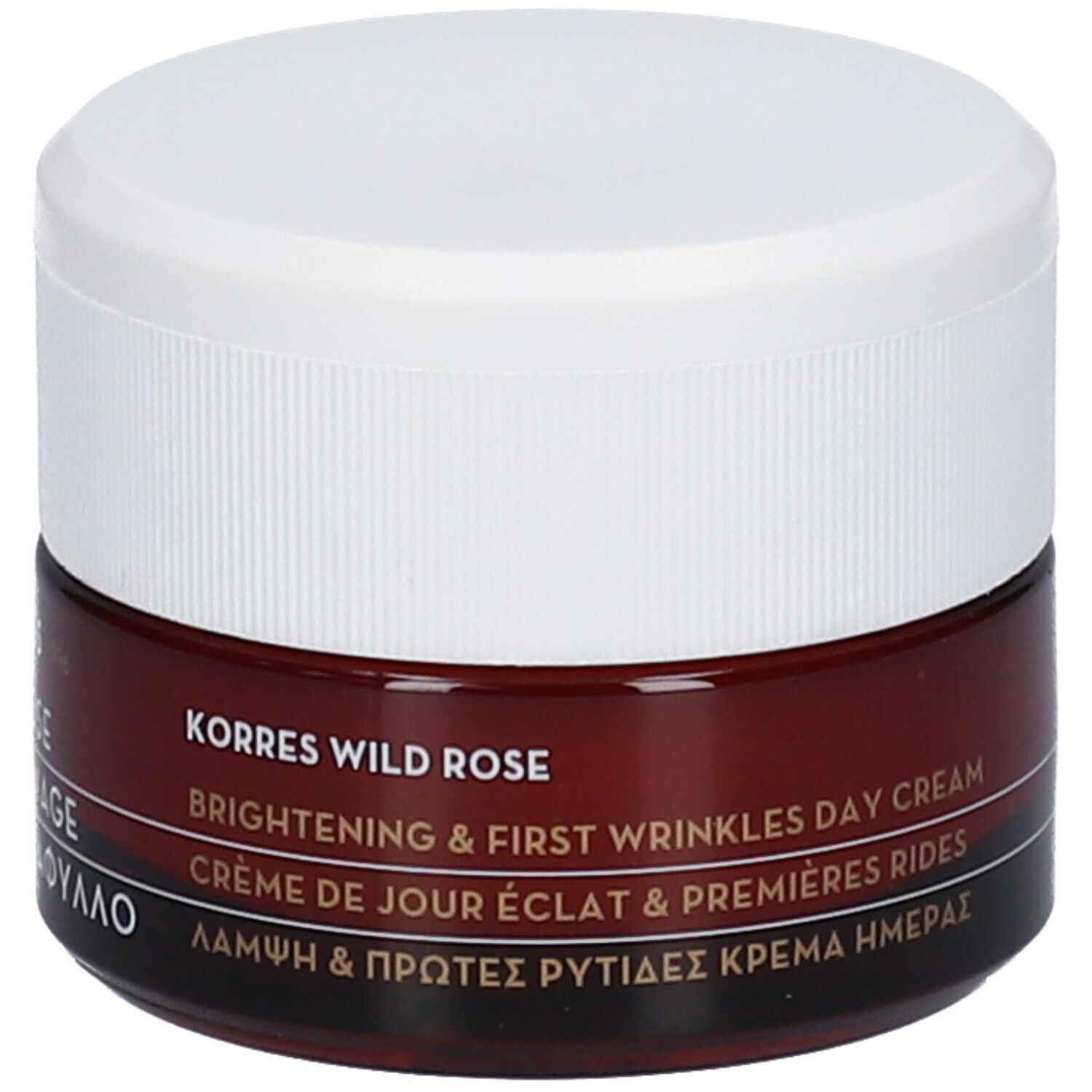 Pot de crème brun avec couvercle blanc. Inscription : KORRES WILD ROSE, BRIGHTENING & FIRST WRINKLES DAY CREAM.