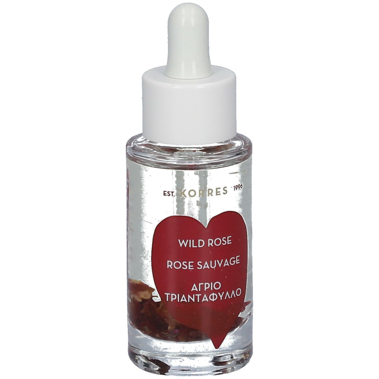 Flacon en verre transparent avec bouchon blanc et pipette. Étiquette rouge en forme de cœur avec texte. Wild Rose, Rose Sauvage, Αγριο Τριαντάφυλλο.