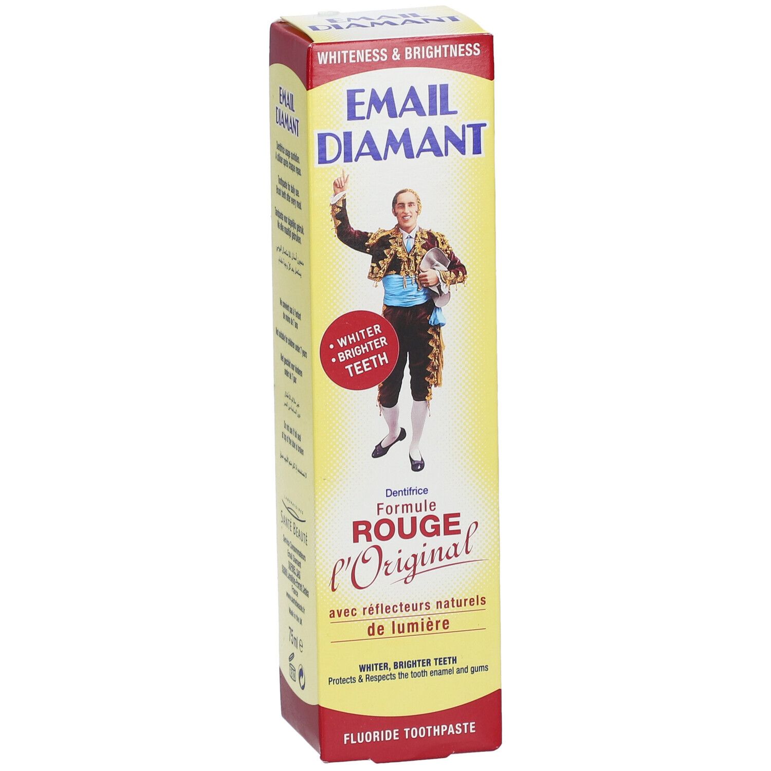 Emballage de dentifrice Email Diamant, Formule Rouge. Illustration d'un homme. Blancheur & éclat. Dentifrice au fluor.