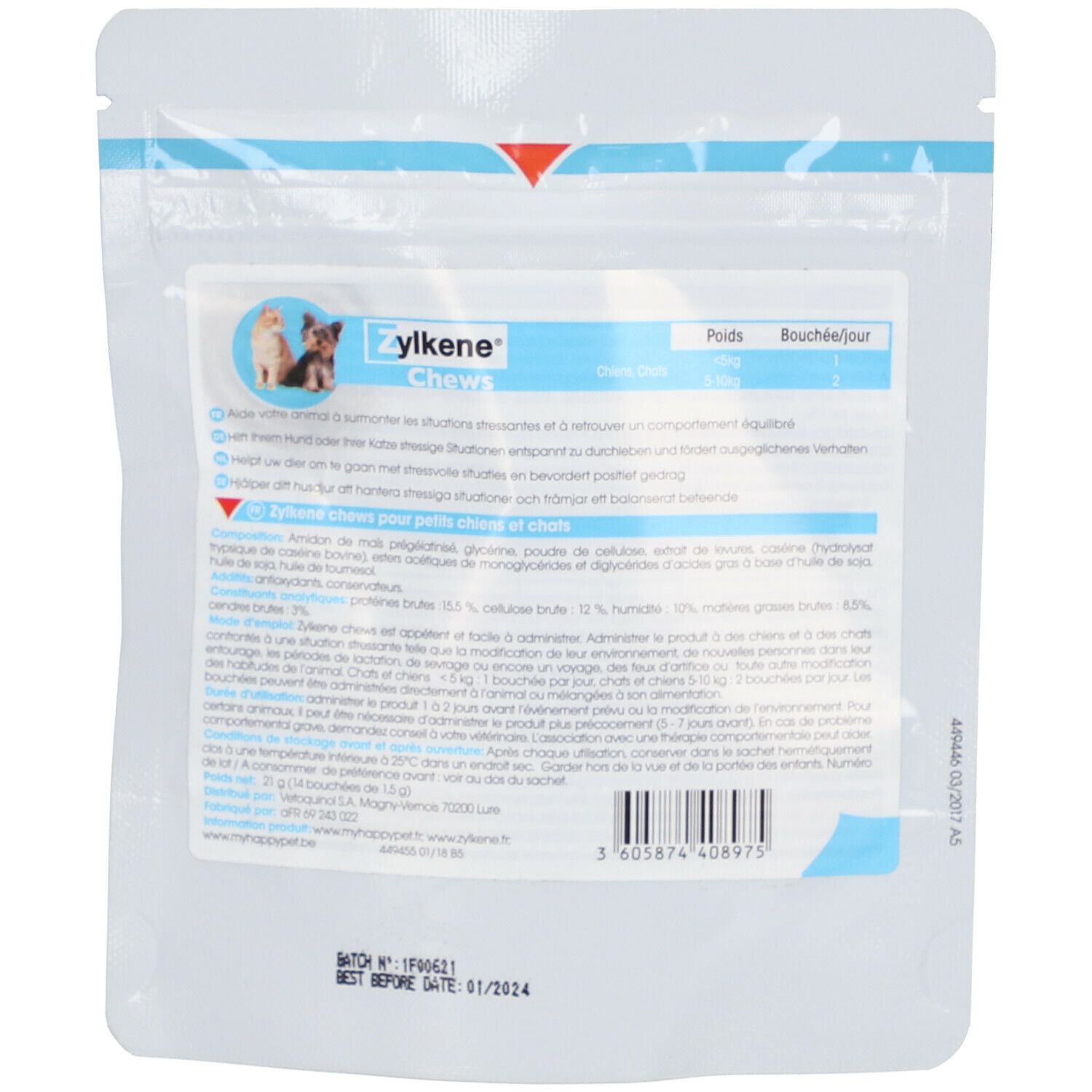 Verpakking van Zylkène Chews. Opschrift: Zylkène Chews, 75mg. Illustratie van honden. Ten minste houdbaar tot 01/2024.