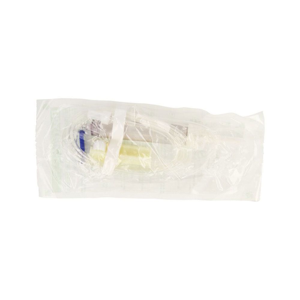 Set de perfusion stérile emballé avec tube, connecteurs et capuchon.