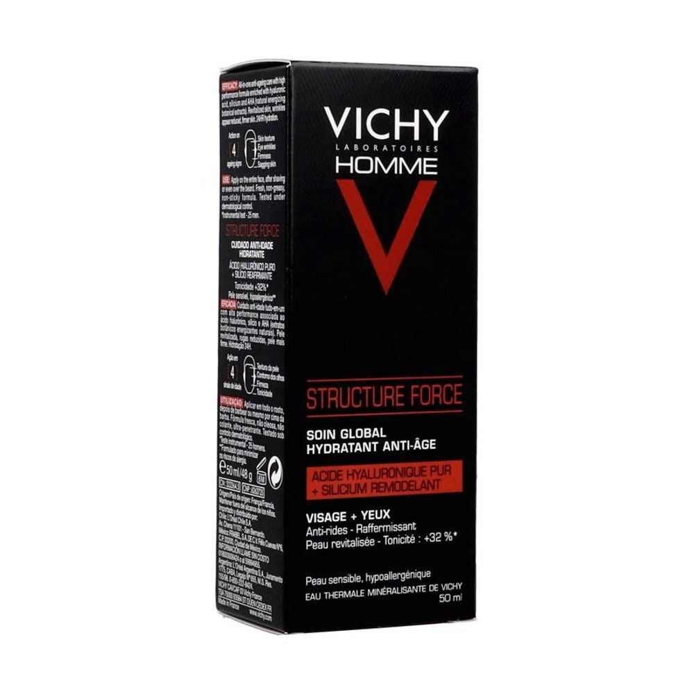 Boîte noire VICHY Homme. Contient Structure Force, soin global hydratant anti-âge. Ingrédients: acide hyaluronique pur + silicium remodelant.