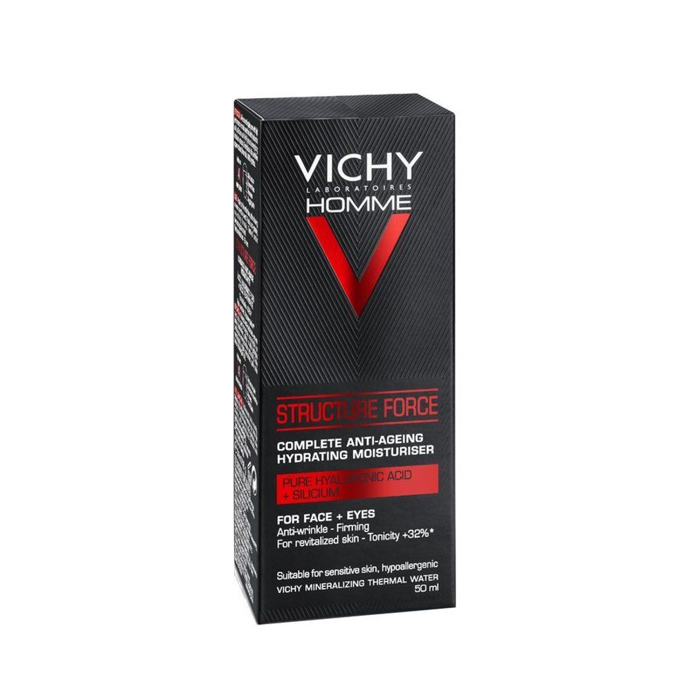 Zwarte verpakking met VICHY Homme. Bevat Structure Force, globale hydraterende anti-aging verzorging. Franse tekst.