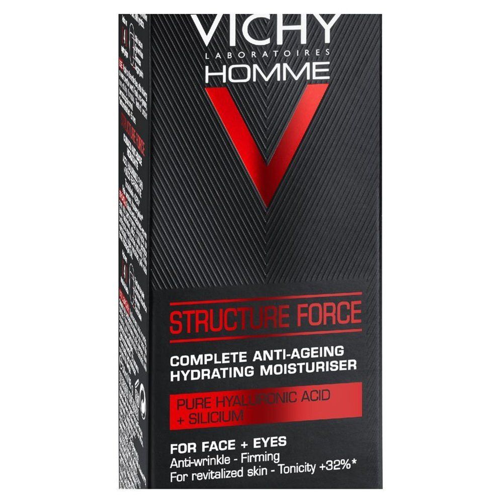 Zwarte verpakking met VICHY Homme. Bevat Structure Force, hydraterende anti-aging verzorging. Engelse tekst.