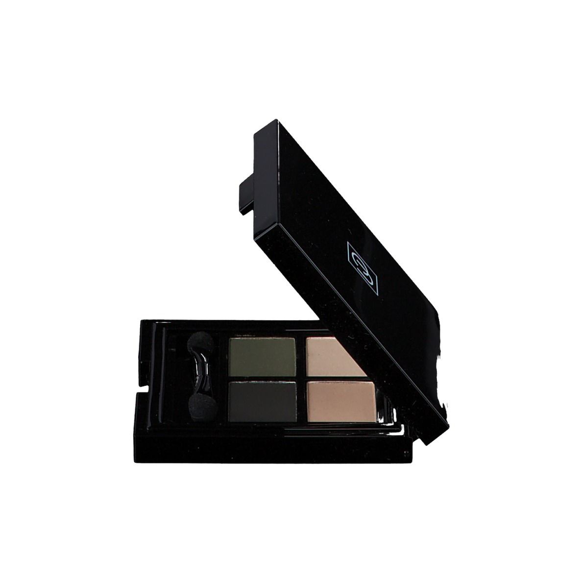 Palette de fards à paupières noire fermée, ouverte. Quatre couleurs, deux applicateurs. Miroir. Tons kaki et clairs.