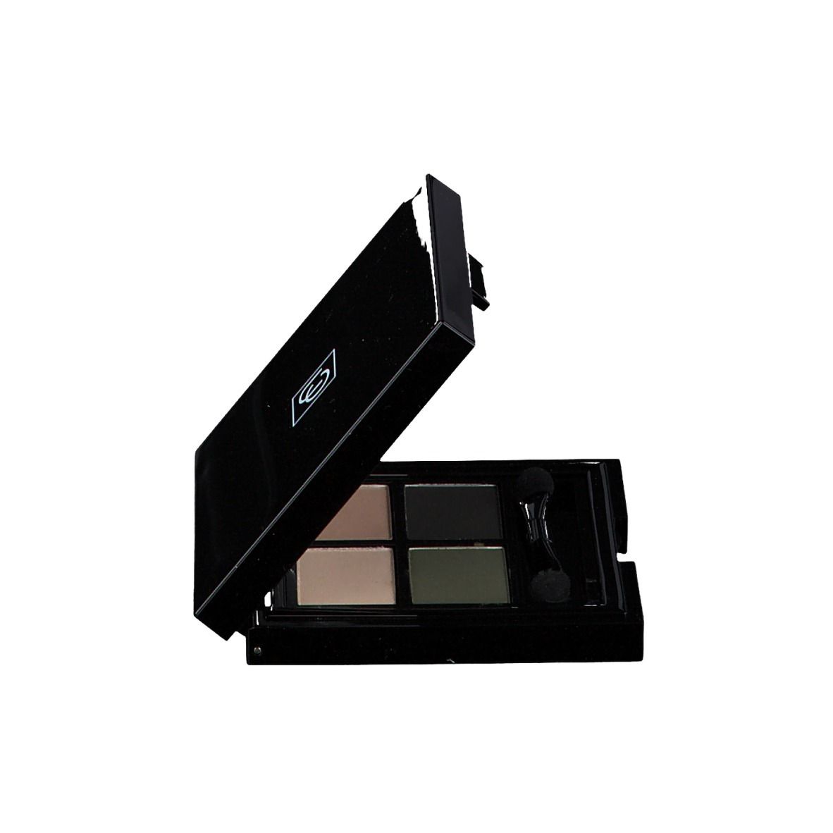 Palette de fards à paupières noire ouverte. Quatre couleurs, deux applicateurs. Miroir. Tons kaki et clairs.
