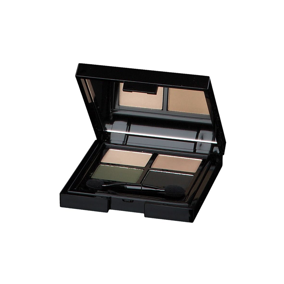 Palette de fards à paupières noire ouverte. Quatre couleurs, deux applicateurs. Miroir. Tons kaki et clairs.