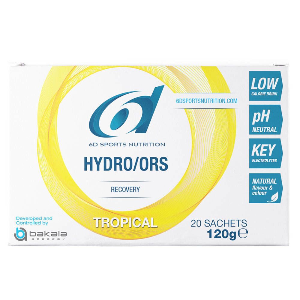 Boîte de 20 sachets Hydro/ORS. Design jaune avec logo et texte. Contient 120g.