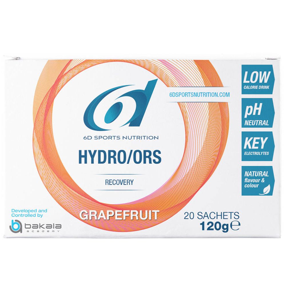 Doos met 20 zakjes. Opschrift: 6D Sports Nutrition Hydro/ORS, Grapefruit. Bevat elektrolyten. Laag in calorieën.
