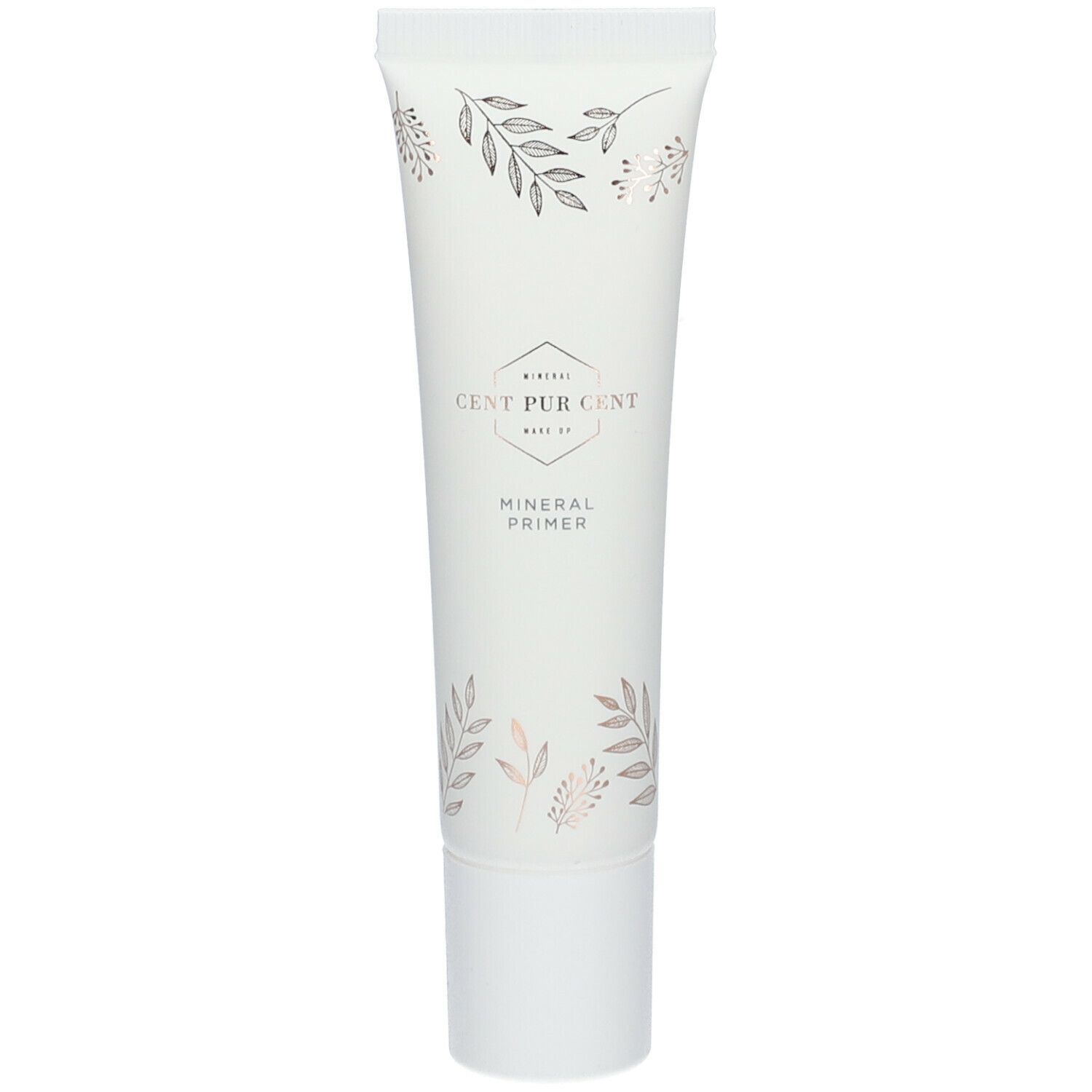 Tube de crème blanche avec motifs floraux et texte. Nom du produit : Mineral Primer. Accents dorés.