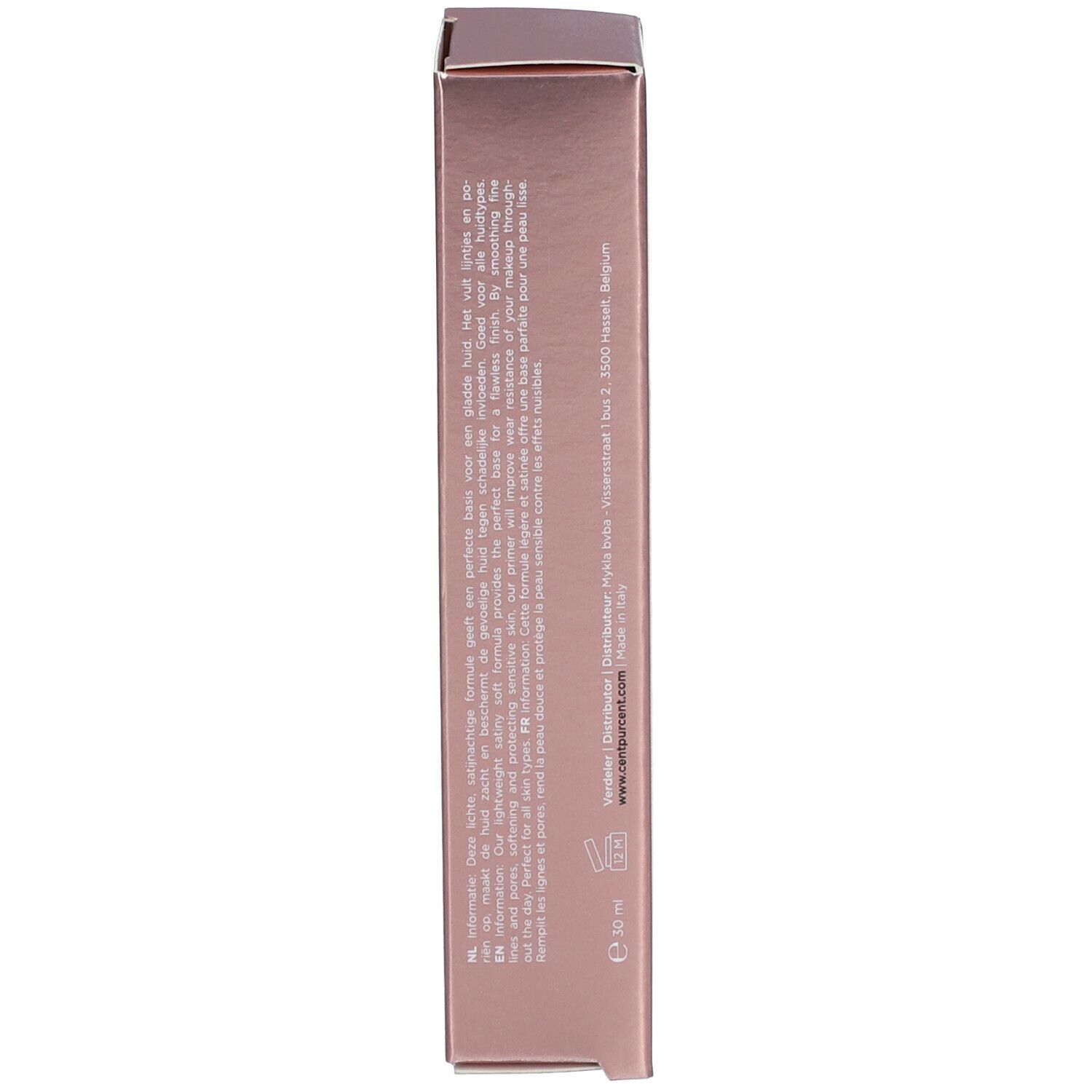 Boîte, texte : ingrédients, instructions d'utilisation en plusieurs langues. Couleur : Rose.