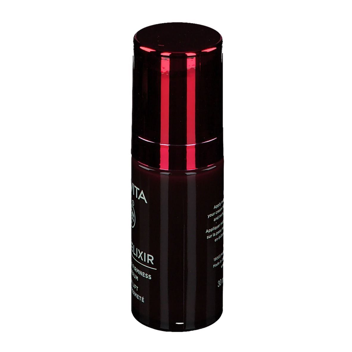 Flacon rouge foncé avec bouchon rouge. Inscription: APIVITA, Wine Elixir, Sérum Lift. Texte sur le côté.