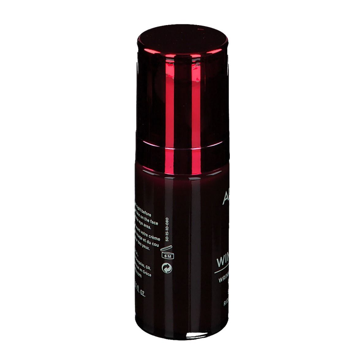 Flacon rouge foncé avec bouchon rouge. Inscription: APIVITA, Wine Elixir, Sérum Lift. Texte avec informations.