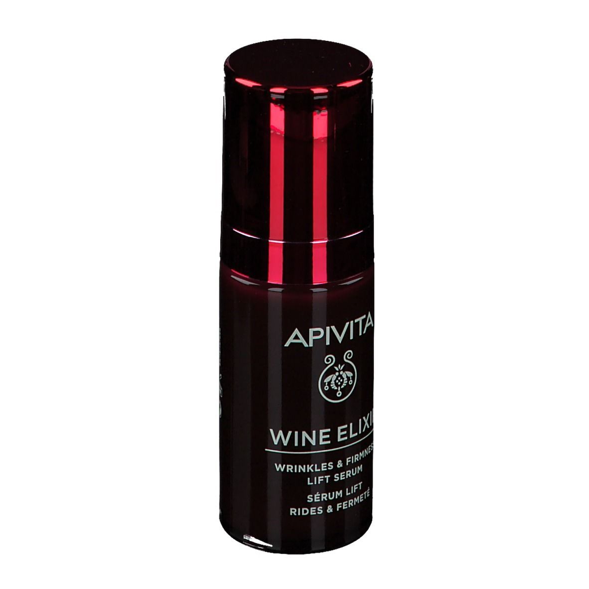 Flacon rouge foncé avec bouchon rouge. Inscription: APIVITA, Wine Elixir, Sérum Lift. Fond blanc.