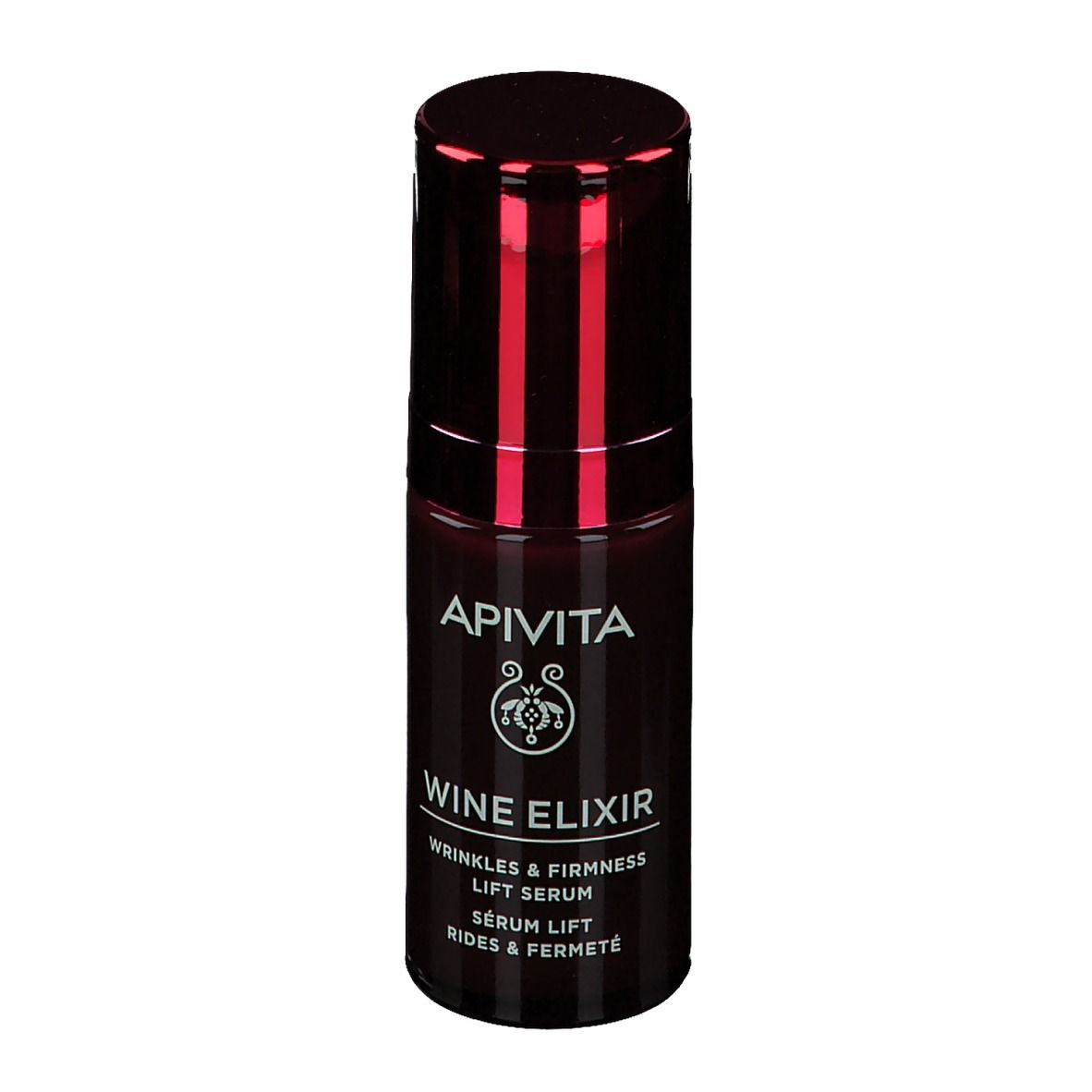 Flacon rouge foncé avec bouchon rouge. Inscription: APIVITA, Wine Elixir, Sérum Lift. Fond blanc.