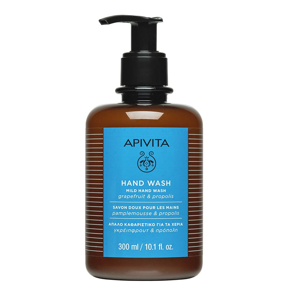 APIVITA Savon Mains Doux avec pompe, 300ml. Flacon brun avec étiquette bleue.