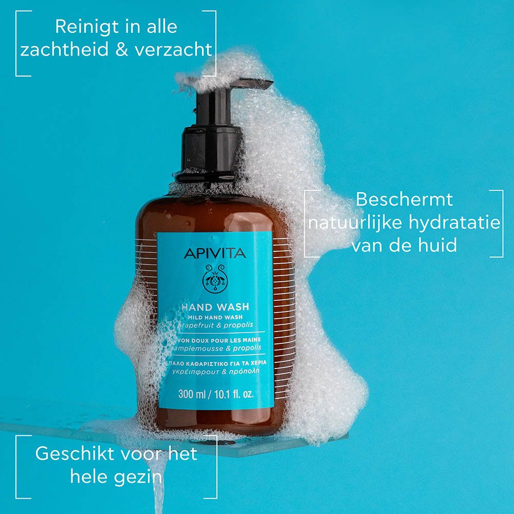 APIVITA Milde Handzeep met pompdispenser, 300ml. Bruine fles met blauw etiket.