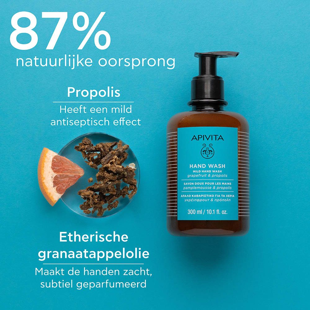 APIVITA Milde Handzeep met pompdispenser, 300ml. Bruine fles met blauw etiket.