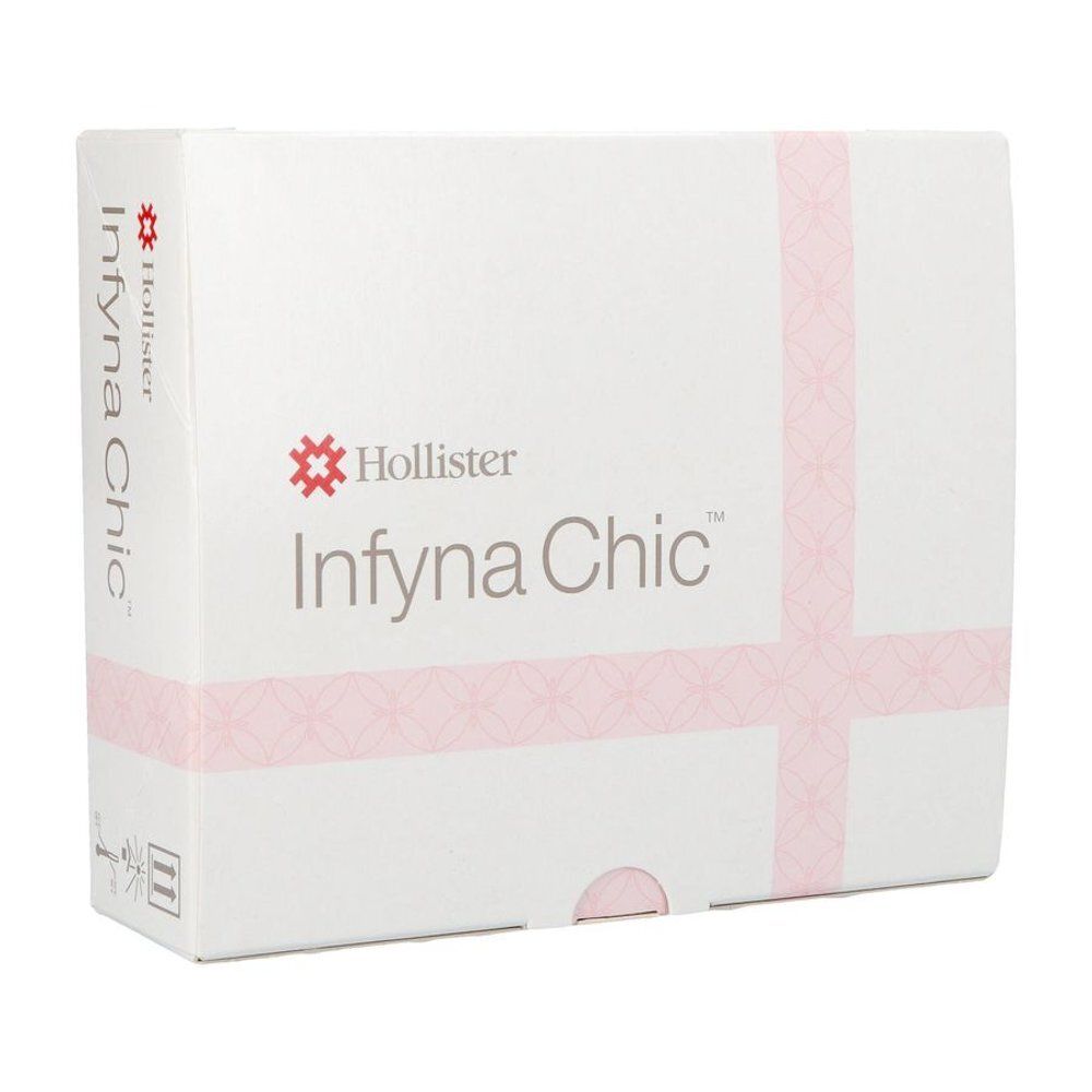 Verpakking van Infyna Chic. Productnaam en Hollister logo. Witte doos met roze kruispatroon.