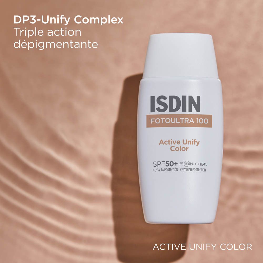 Flacon blanc ISDIN FotoUltra 100 ACTIVE UNIFY COLOR. Texte: DP3-Unify Complex triple action dépigmentante.