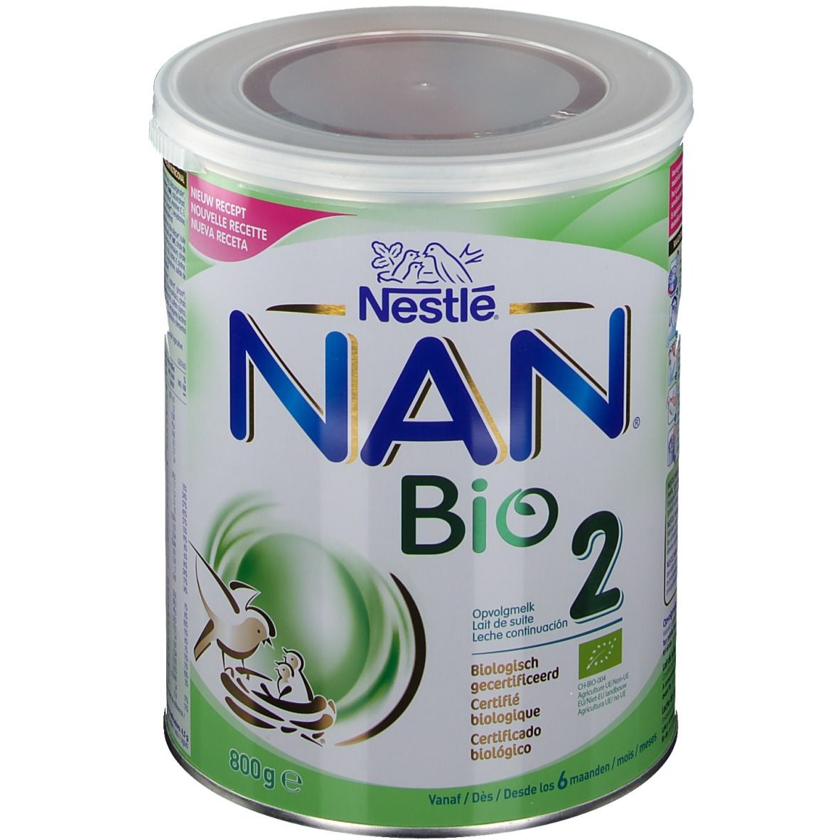 Boîte Nestle NAN Bio 2. Design vert et blanc. Inscription NAN Bio 2, logo Nestle. Certification bio. 800g.
