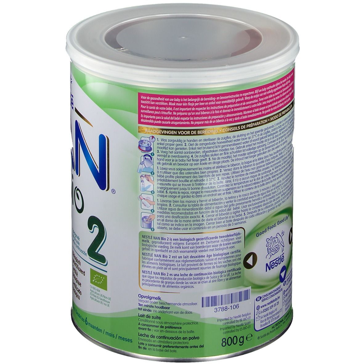 Dos de la boîte Nestle NAN Bio 2. Texte multilingue. Logo Nestle. 800g. Informations de préparation.