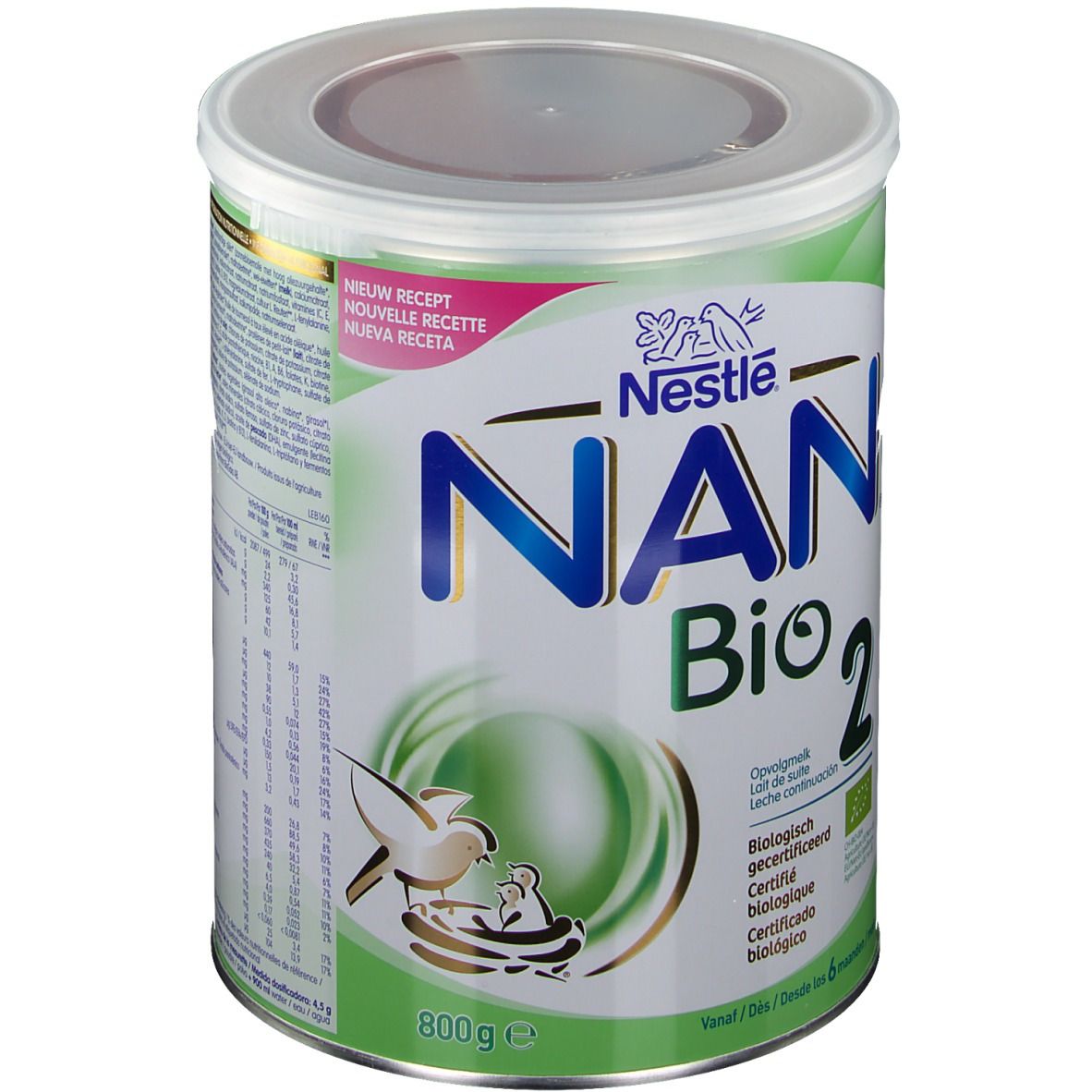Boîte Nestle NAN Bio 2. Design vert et blanc. Inscription NAN Bio 2, logo Nestle. Certification bio. 800g.