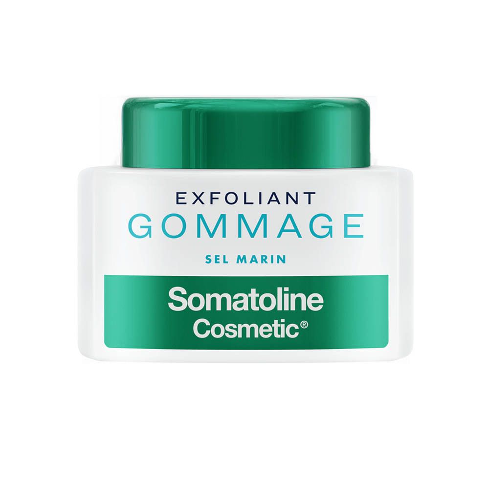 Witte pot met groen deksel. Opschrift: EXFOLIANT GOMMAGE SEL MARIN. Merk: Somatoline Cosmetic.
