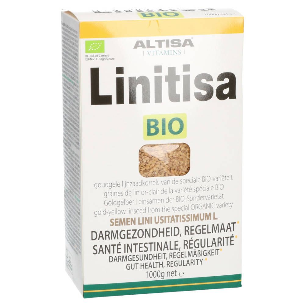 Emballage ALTISA Linitisa BIO. Inscription: Linitisa BIO, graines de lin, santé intestinale, 1000g.