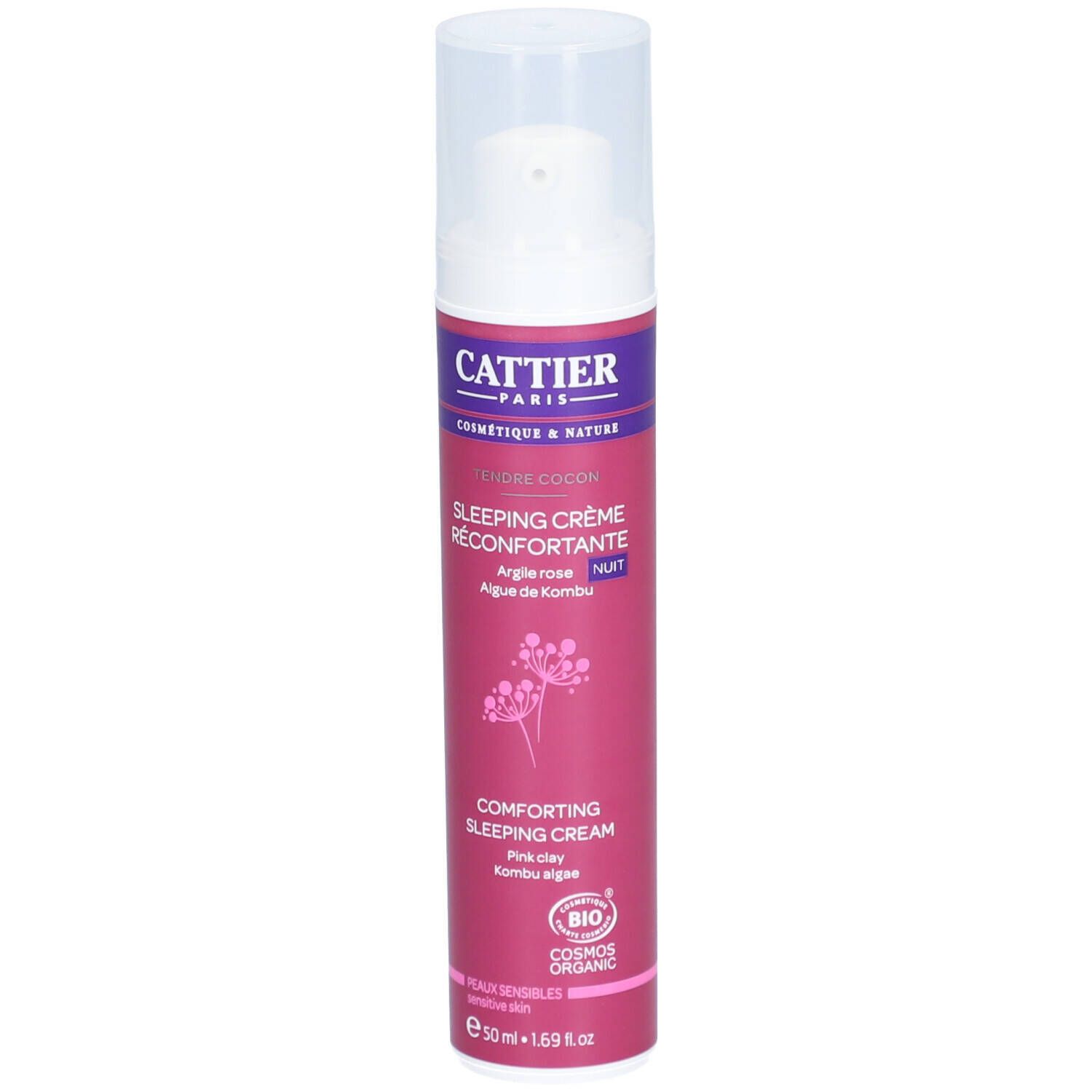 Cattier Sleeping Crème. Flacon rose avec pompe. Texte: Sleeping Crème Réconfortante. Certification bio.