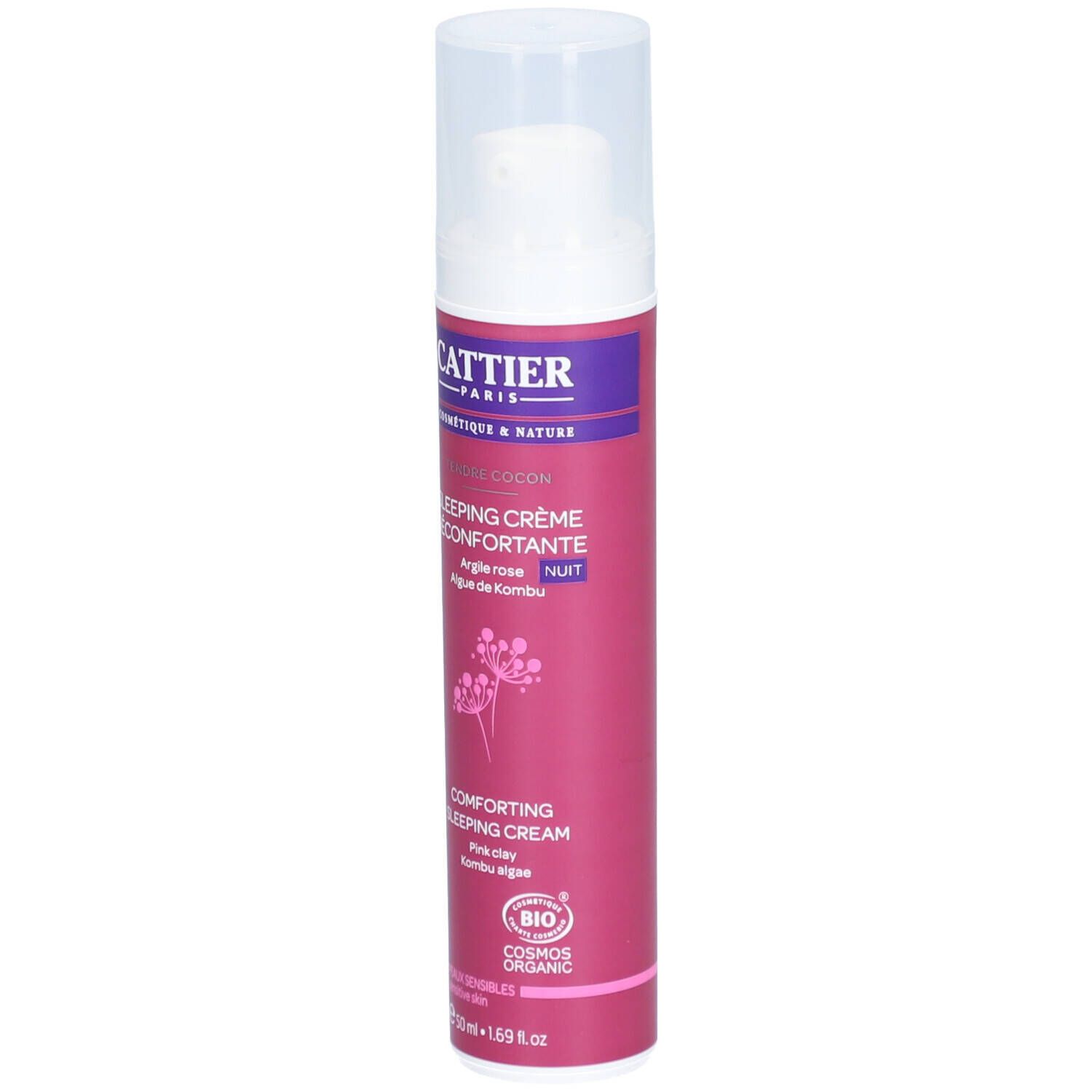 Cattier Sleeping Crème. Flacon rose avec pompe. Texte: Sleeping Crème Réconfortante. Certification bio.