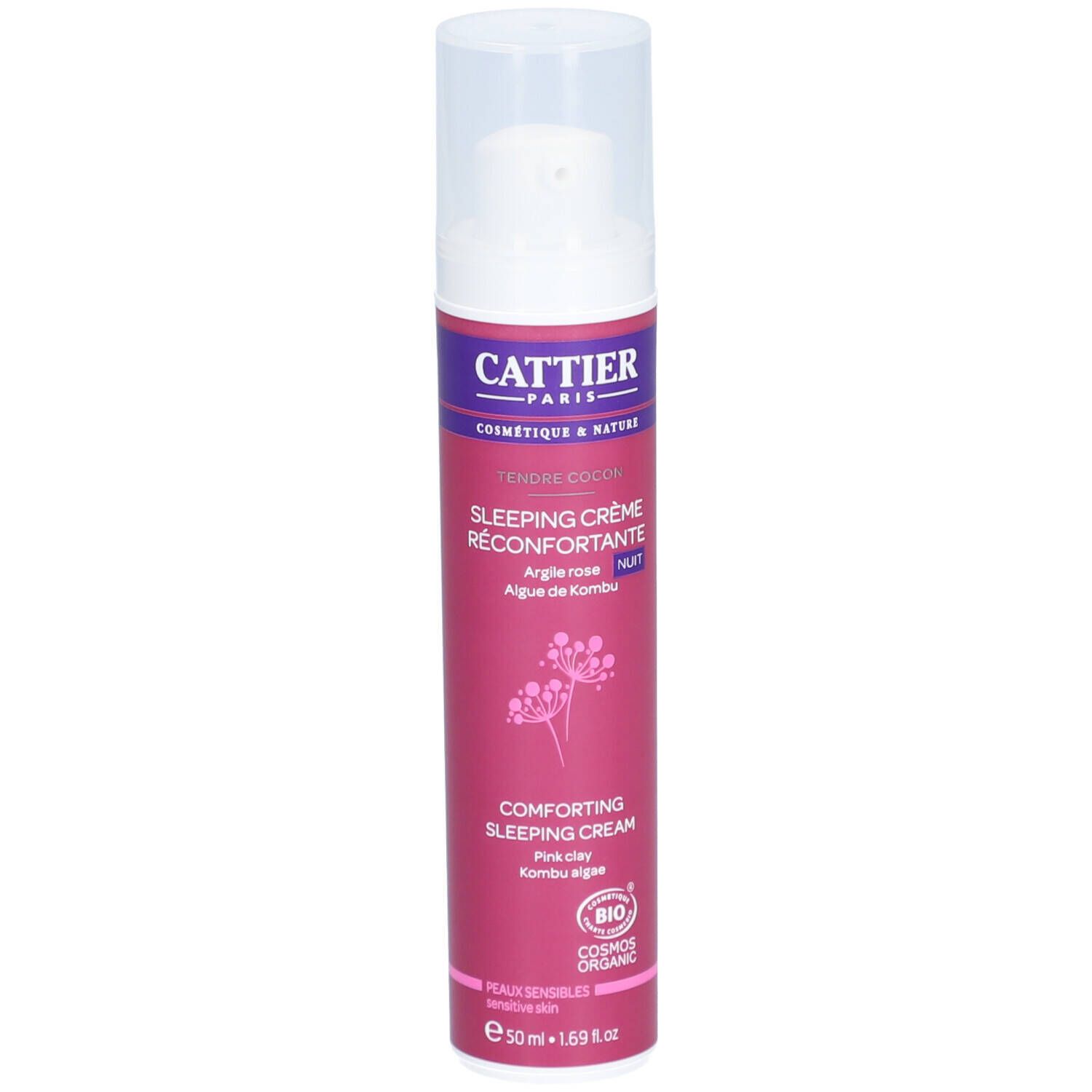 Cattier Sleeping Crème. Flacon rose avec pompe. Texte: Sleeping Crème Réconfortante. Certification bio.
